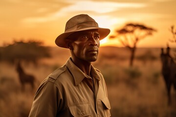 Fototapeta premium A fictional person. Confident Male Safari Ranger with Giraffes in the Background