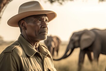 A fictional person. Seasoned Safari Ranger and Majestic Elephants in African Savanna