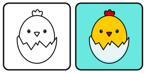 Coloring book for children. Coloring page. A chick peeks out of an eggshell. A newborn chick. Vector illustration. © Mayartlab