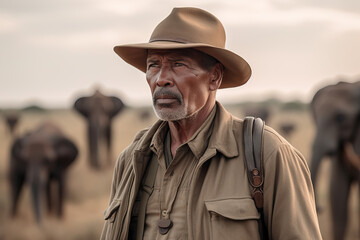 Fototapeta premium A fictional person. Seasoned Safari Ranger and Majestic Elephants in African Savanna
