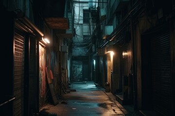 City narrow alley night light. Generate Ai