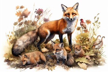 Hand-painted watercolor illustration of a fox and other woodland animals isolated on white background. Generative AI