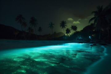 Fototapeta na wymiar luminous ocean night paradise sky tropical tree vacation blue palm beach. Generative AI.