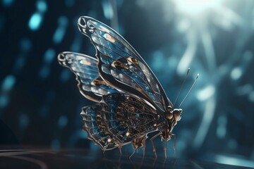 3D butterfly with futuristic technology for post-coronavirus change in business world. Innovative transformation disrupts leadership & strategies. Generative AI