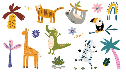 Wild jungle animals set. Collection for kids with cartoon Funny animals, giraffe, tiger, sloth, toucan, zebra, crocodile and tropical florals. For printing on fabric, postcards. Vector illustration © PawLoveArt