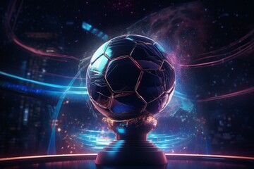 Abstract football ball with neon shape in space background, with glitter effect and trophy cup. 3D illustration of sports symbol graphic. Generative AI