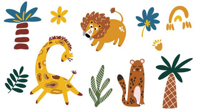 Cartoon safari animals set. Giraffe, tiger, leopard, palm trees, leaves and flowers. Tropics and jungles. Scandinavian elements. Vector illustration for printing on fabric, packaging paper. 