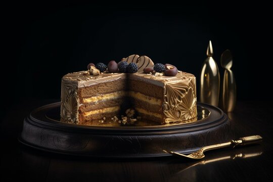 Cake on gold platter with slice missing, against black background. Generative AI