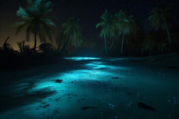 Fototapeta na wymiar beach palm blue vacation tree luminous sky tropical ocean paradise night. Generative AI.