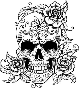 A skull decorated with abstract patterns and roses engraved woodcut etching design like a classic tattoo. Could be a Mexican Day of the Dead Dia de los Muertos skull.