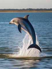 Obraz premium Dolphin jumping while swimming in the sea. Generative AI