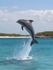 Dolphin jumping while swimming in the sea. Generative AI