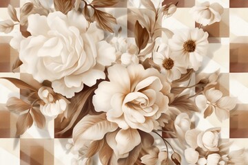 Lovely floral gingham pattern in beige and white, seamlessly tileable and painted with watercolors. Generative AI