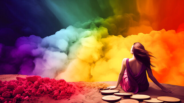 Synesthesia, a woman admiring a lovely and vibrant explosion of colours. Created with Generative AI.