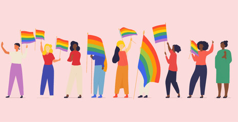 A crowd of people with an LGBTQ+ flag. Human rights peaceful protest. Rainbow banner vector LGBT pride month illustration
