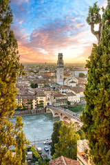 Aerial view of Verona at sunset, Veneto region, Italy. Vertical cityscape. - obrazy, fototapety, plakaty