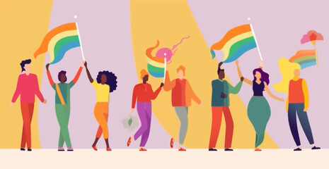 A crowd of people with an LGBTQ+ flag. Human rights peaceful protest. Rainbow banner vector LGBT pride month illustration
