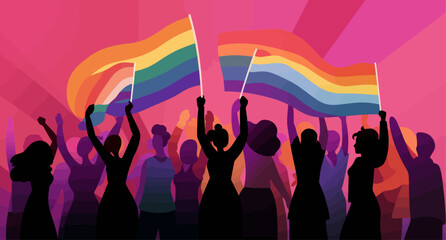 Obraz na płótnie Canvas A crowd of people with an LGBTQ+ flag. Human rights peaceful protest. Rainbow banner vector LGBT pride month illustration 
