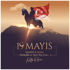 Happy May 19 is the Commemoration of Atatürk, youth and sports day. Translate: 19 Mayıs Atatürk'ü Anma Gençlik ve Spor Bayramı kutlu olsun. - obrazy, fototapety, plakaty