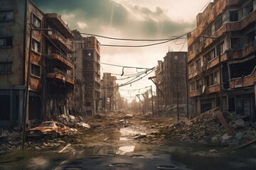 Post apocalyptic street city. Generate Ai - obrazy, fototapety, plakaty