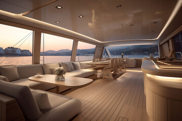 Details of luxury motor yacht interior, furnishing decor of the salon area in a rich modern large sea boat design. Relaxation areas for water travel. Travelling entertainment concept. Generative AI.