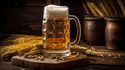 Glass of beer with wheat on wooden background. Ai generated. Generative AI