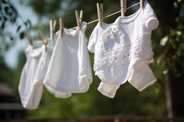 illustration,white baby clothes hanging on rope outdoors on spring,generative ai