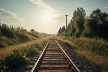 Fototapeta na wymiar Railroad forest train sunlight. Generate Ai