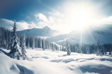 Fototapeta na wymiar High snowy mountains and evergreen trees covered with snow. Winter landscape of snowy mountains with and white fir trees under sunlight and blue sky with clouds in the background. Generative AI