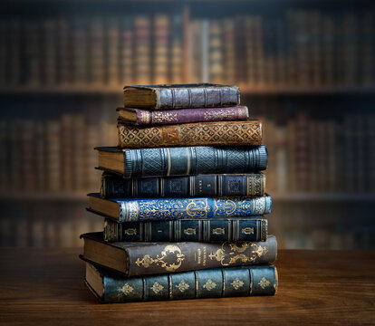 Stacks of old books on wooden desk in old library. Ancient books historical background. Retro style. Conceptual background on history, education, literature topics.