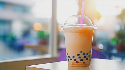 Bubble tea with pink straw on a table