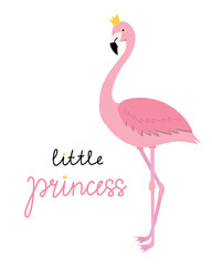 Cute little princess card with pink flamingo. Abstract drawing for t-shirts. Creative design for girl. Fashion illustration