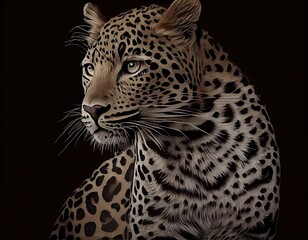 Naklejka na ściany i meble Close-up leopard portrait on dark background. Generative AI