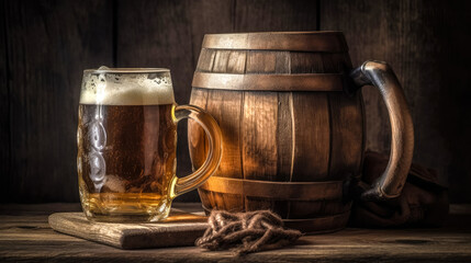 Mug of beer with wheat, barley and barrels on background. Still life. Copy space. Ai generated. Generative AI