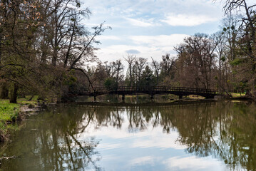 Fototapeta na wymiar Pond with bridge above and trees around near Ledenice castle in Czech republic