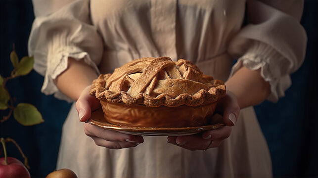 Old fashioned person holding a pie on a plate