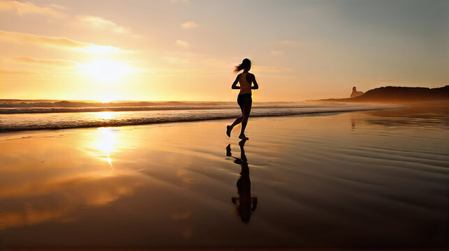 woman running on the beach at sunset
