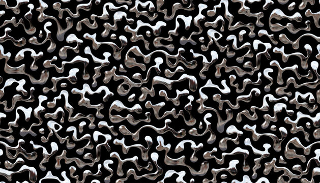 Abstract seamless pattern with chrome wave like amorphous liquid metal elements, Y2K and futuristic design background