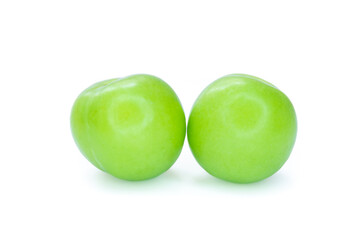 Fresh ripe green plum fruits isolated on a white background. Closeup, clipping path.