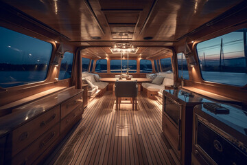 Fototapeta premium Details of luxury motor yacht interior, furnishing decor of the salon area in a rich modern large sea boat design. Relaxation areas for water travel. Travelling and entertainment concept.