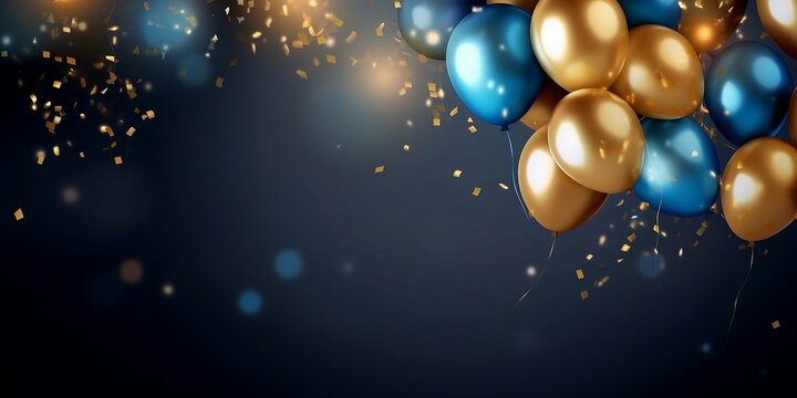 Realistic Festive background with golden and blue balloons falling confetti blurry background and a bokeh lights. Generative AI.
