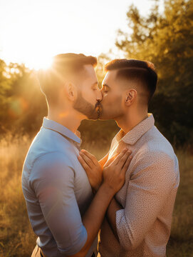 Gay couple sharing a romantic kiss at sunset illuminated by golden sun rays. Generative AI