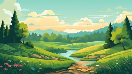 Nature Green Landscape with trees,  mountains and river created with Generative AI technology