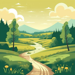 Nature Green Landscape with trees,  mountains and river created with Generative AI technology