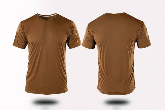 Photo realistic male brown t-shirts with copy space, front and back view. Created with Generative AI Technology
