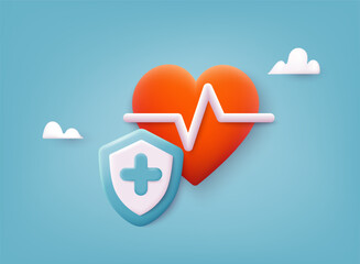 Red heart with white pulse line on white background. Medical aid and health care. Healthy lifestyle, cardiac assistance, pulse beat measure. 3D Web Vector Illustrations.