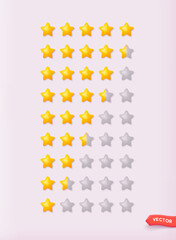 Set of 5 star rating icon. Vector customer review concepts. Reviews stars with good and bad rate and text. 3D Web Vector Illustrations.