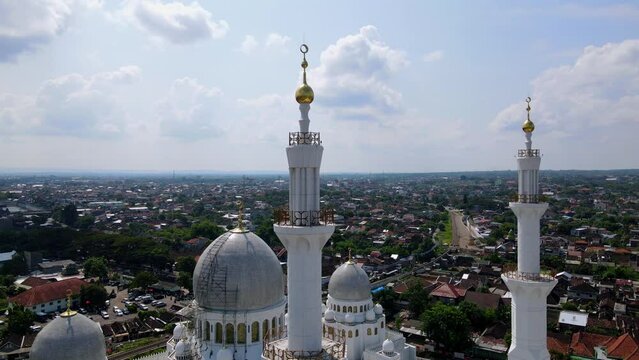 Drone view of tower of Sheikh Zayed Al-Nahyan Grand Mosque, Solo, Central Java, Indonesia