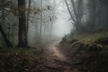 Path in misty woodland. Generative AI