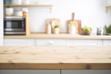 Empty wooden table top on blurred kitchen interior background. Generative AI.